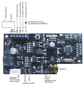 Xaxxon Power LiPo3SD battery charging PCB, wiring diagram